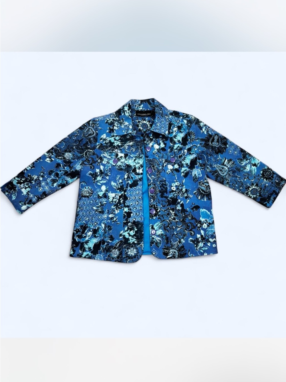 Vintage Blue Floral Jacket Blazer Soft Surroundings Style Artsy Boho SMALL